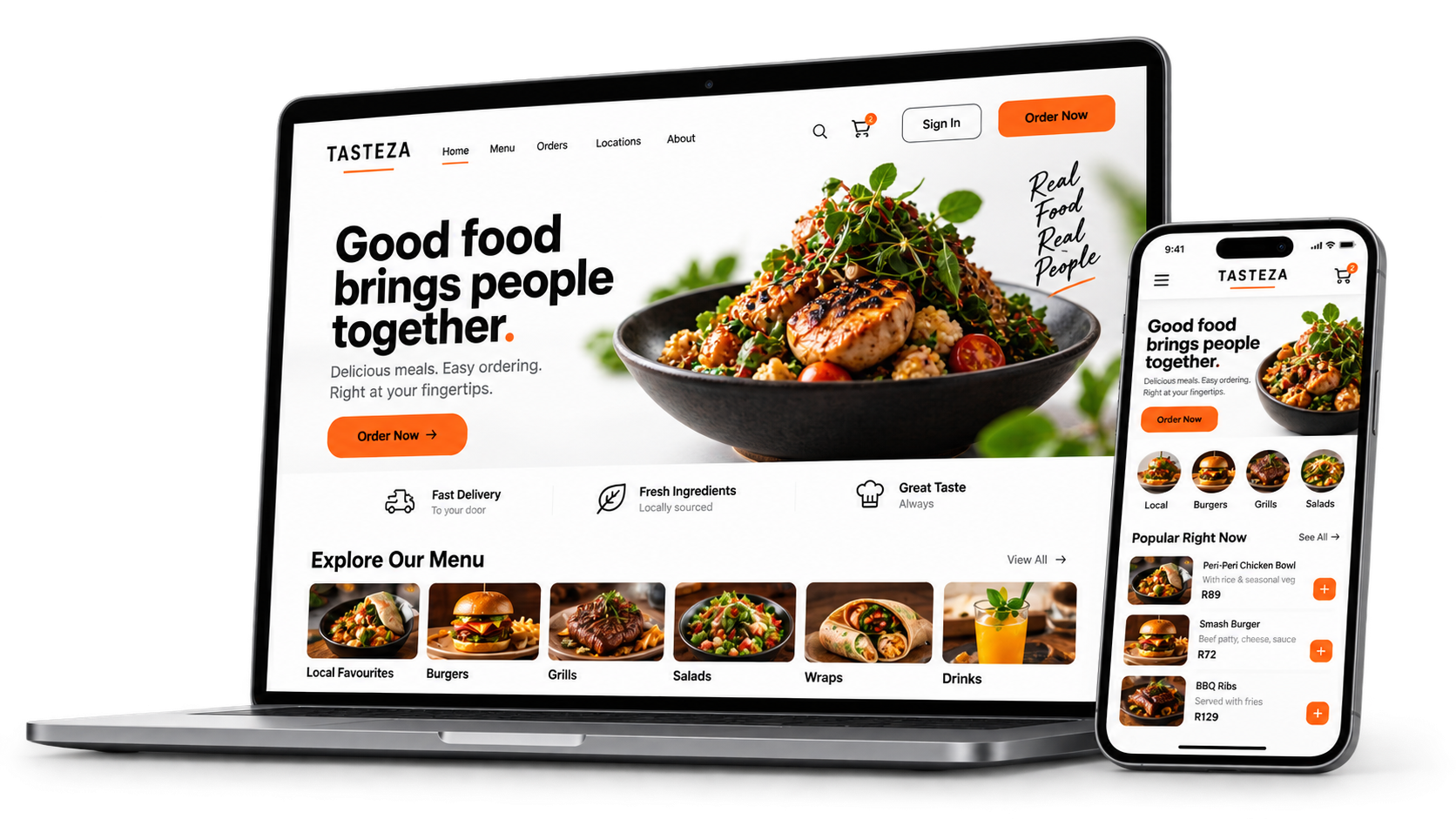 Laptop and mobile app mockup showing restaurant booking platform